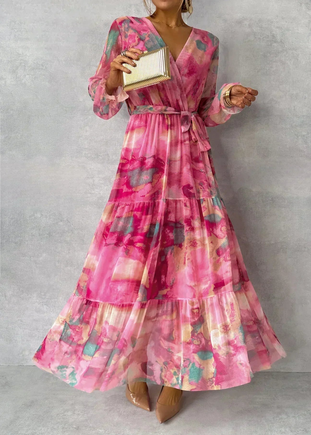 Women's Wrap Dress With Floral Pattern And Long Sleeves | Maxi