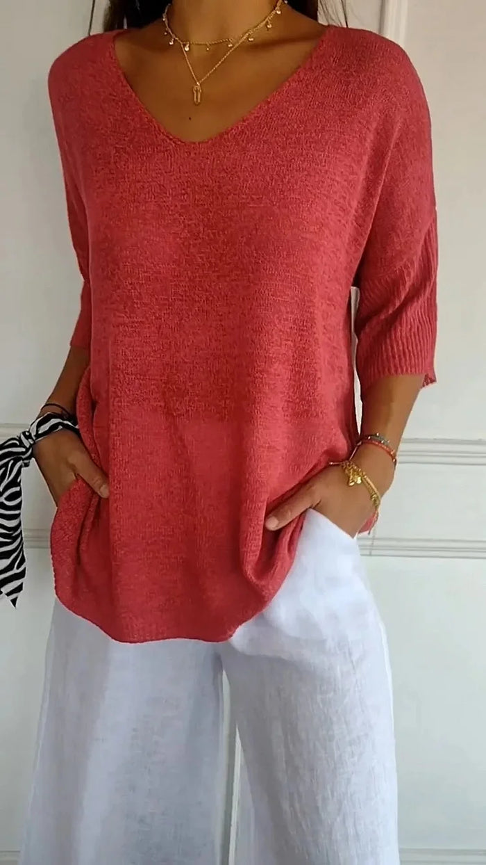 Knitted Top with V-Neck for Women | 3/4 Sleeves