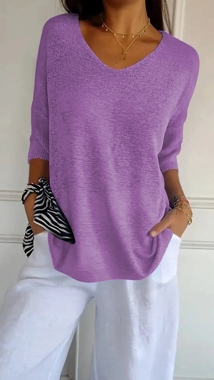 Knitted Top with V-Neck for Women | 3/4 Sleeves