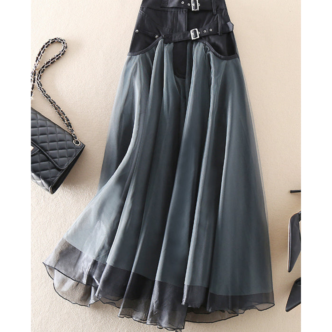 Women's Layered High-Waisted Belt Style Skirt | Midi