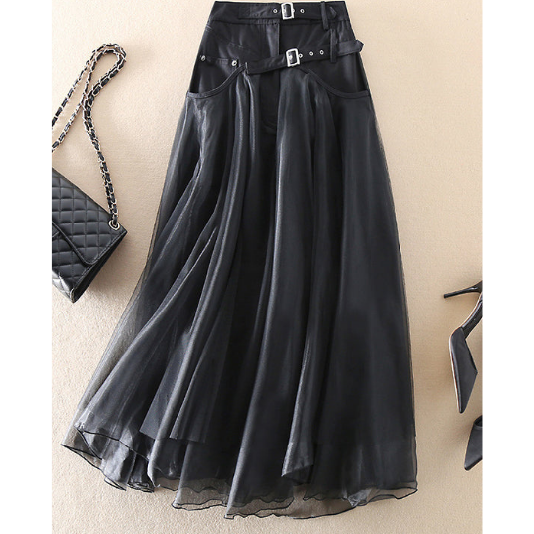 Women's Layered High-Waisted Belt Style Skirt | Midi