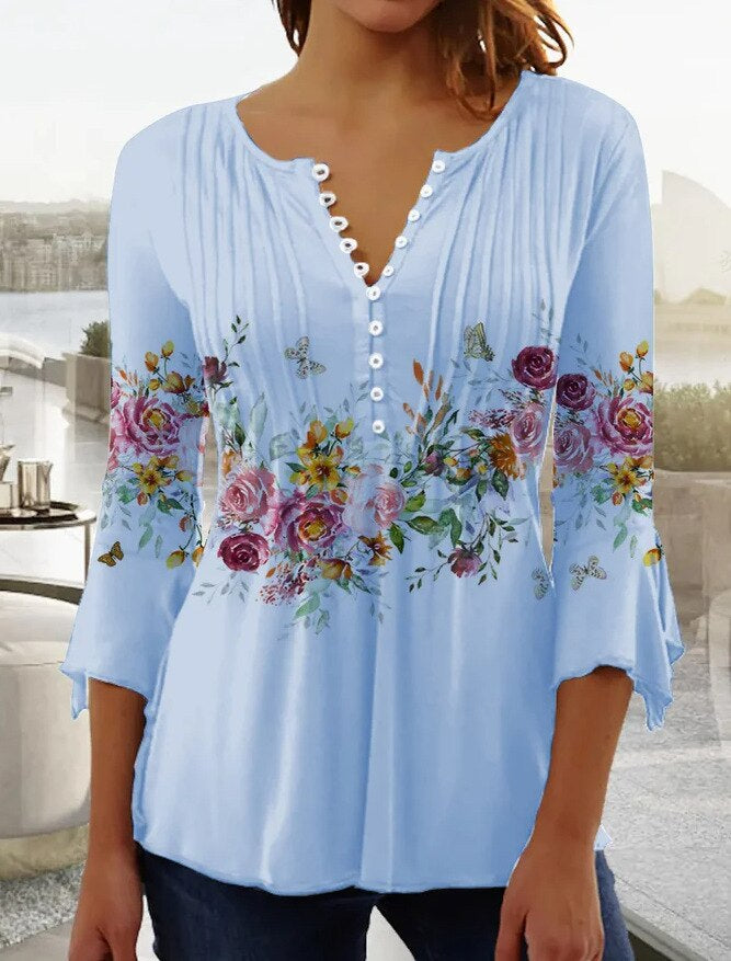 Elegant women's long sleeve top with button placket in cotton blend
