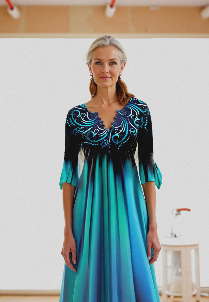 Dress with 3/4 sleeves and color gradient for women | Midi