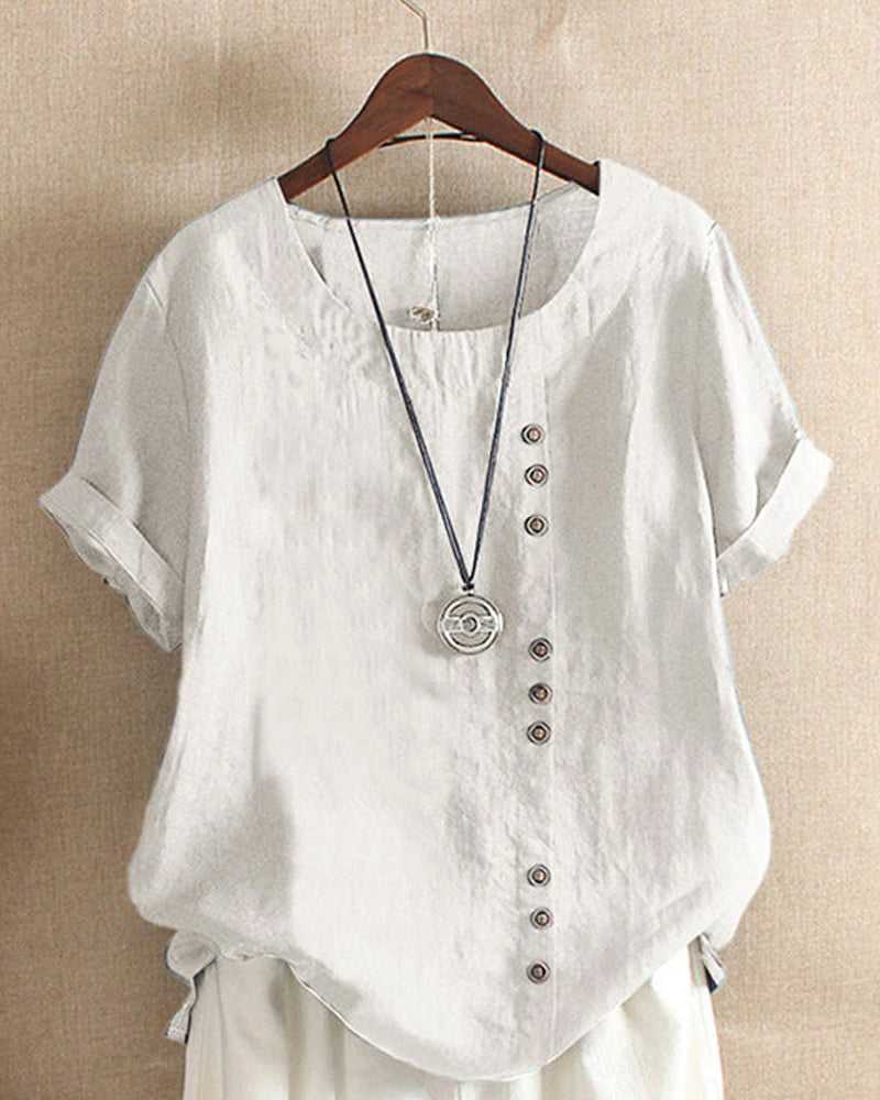 Women's Short Sleeve Blouse with Classic Round Neck