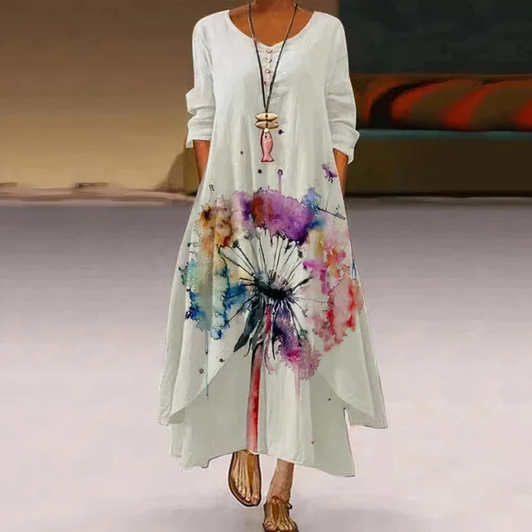 Women's Summer Double-Layer Long Sleeve Printed Dress | Maxi