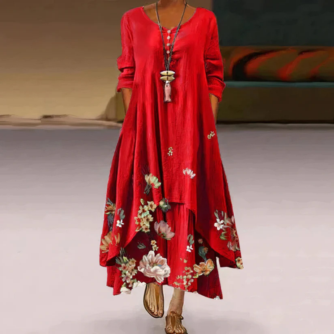 Women's Summer Double-Layer Long Sleeve Printed Dress | Maxi