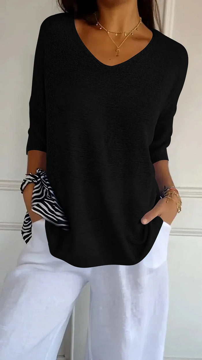 Knitted Top with V-Neck for Women | 3/4 Sleeves