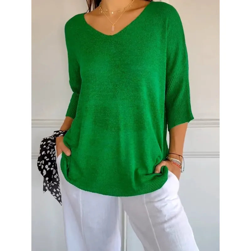 Knitted Top with V-Neck for Women | 3/4 Sleeves