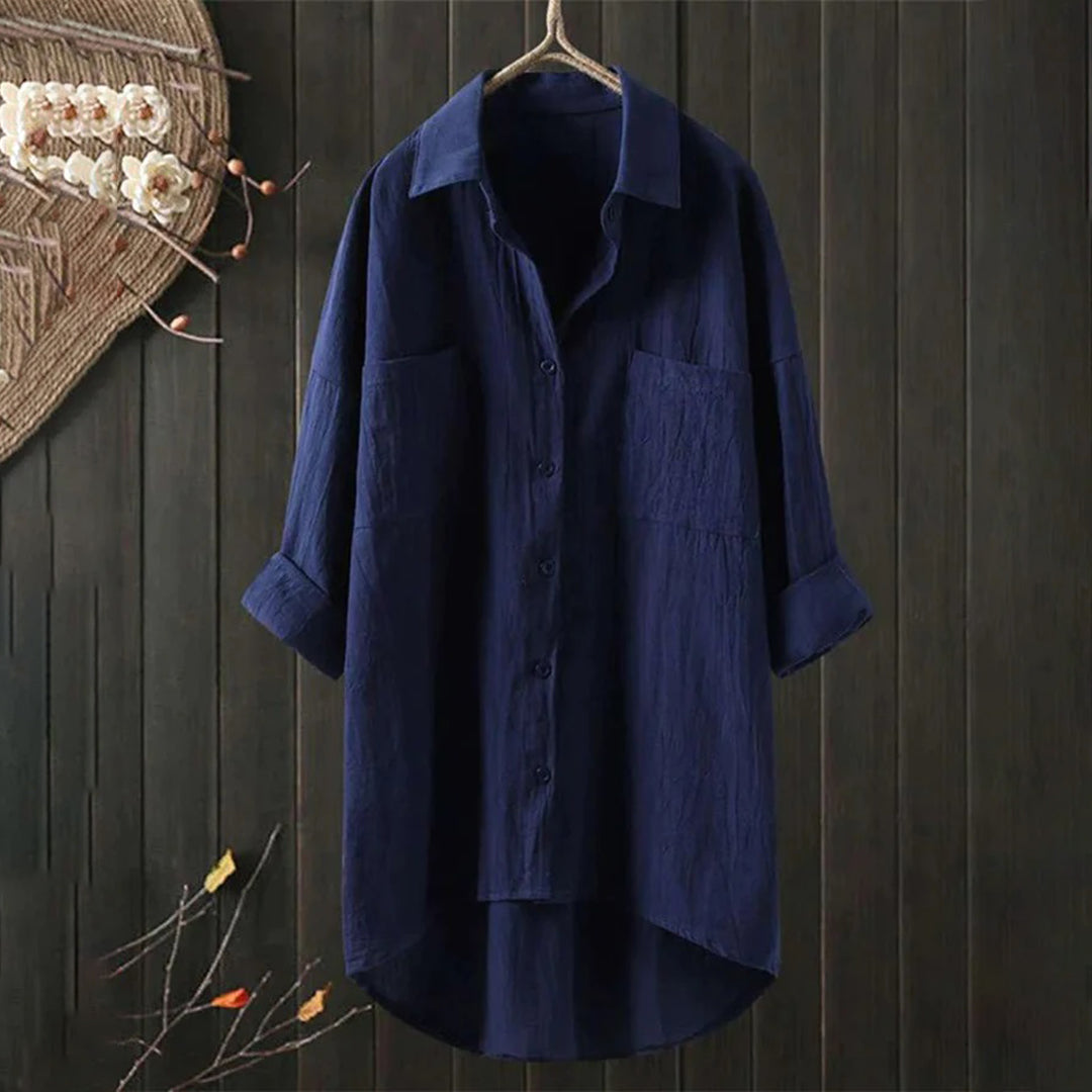 Women's linen shirt with button placket and long sleeves