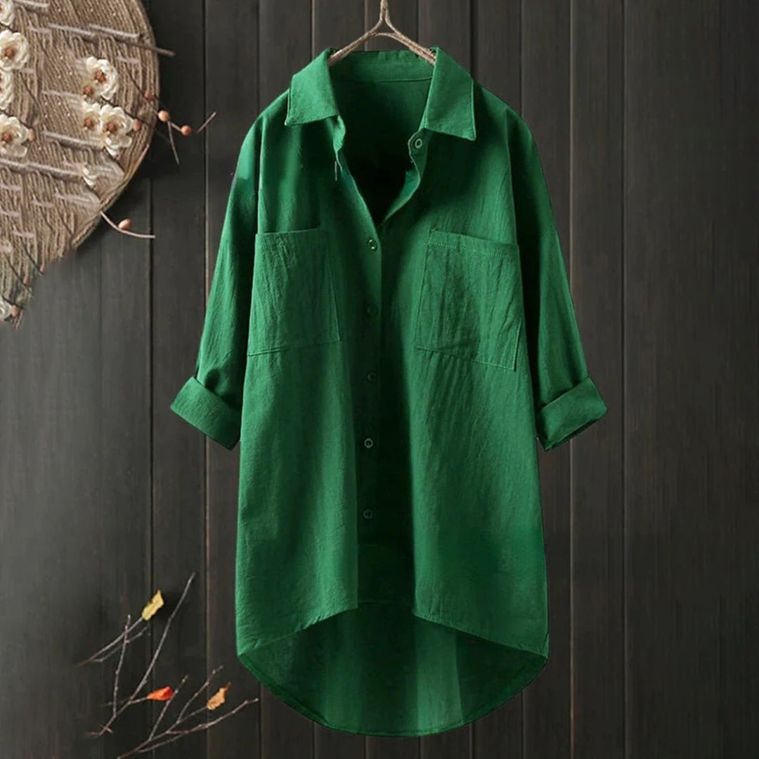 Women's linen shirt with button placket and long sleeves
