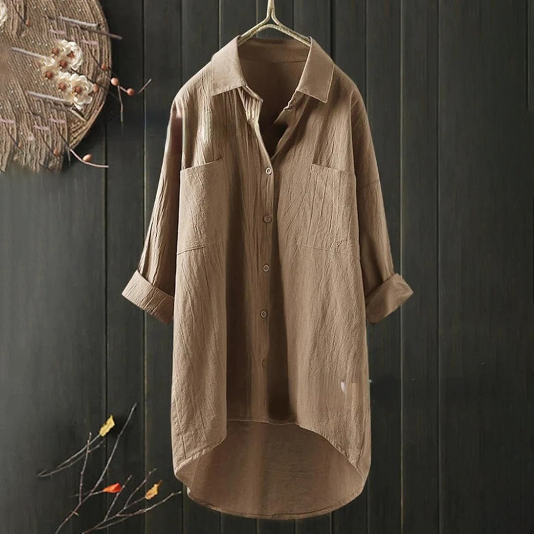 Women's linen shirt with button placket and long sleeves