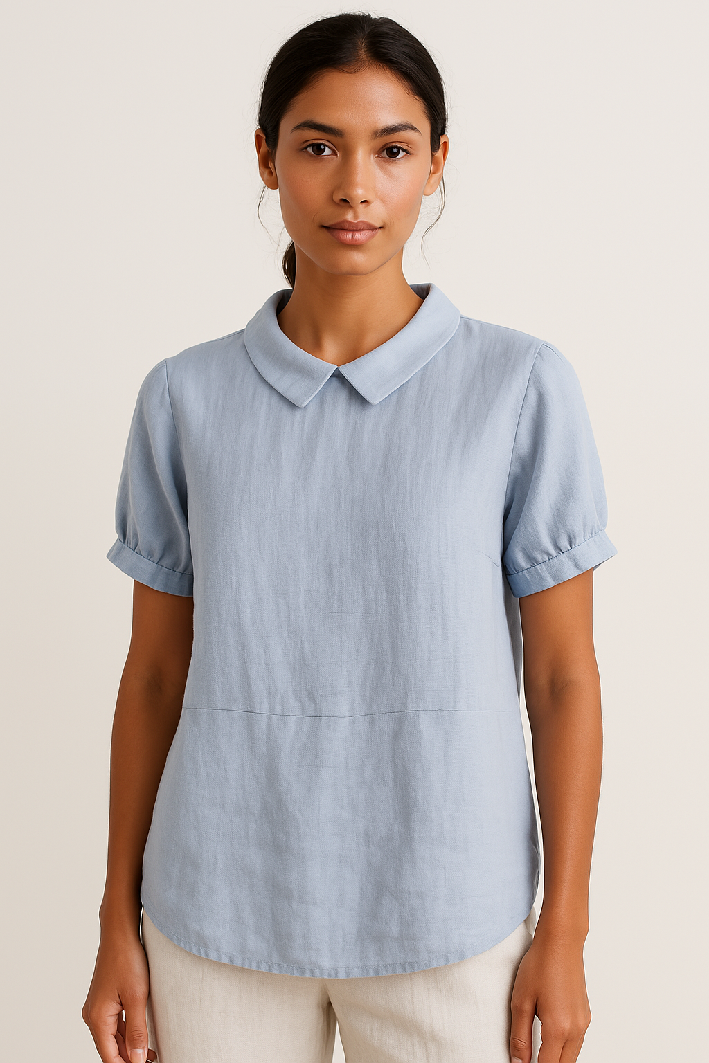 Women's Linen Blouse with Peter Pan Collar, Short Sleeve, Breathable