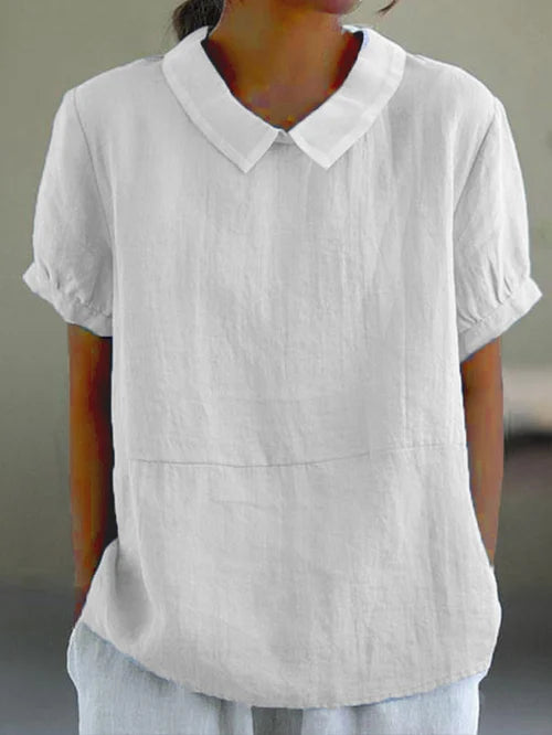 Women's Linen Blouse with Peter Pan Collar, Short Sleeve, Breathable