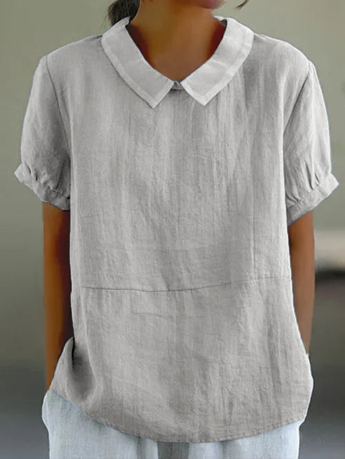 Women's Linen Blouse with Peter Pan Collar, Short Sleeve, Breathable