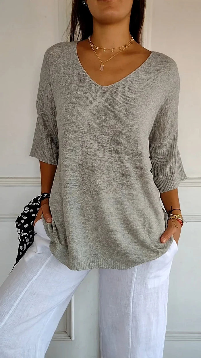 Knitted Top with V-Neck for Women | 3/4 Sleeves