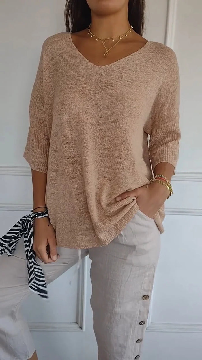 Knitted Top with V-Neck for Women | 3/4 Sleeves