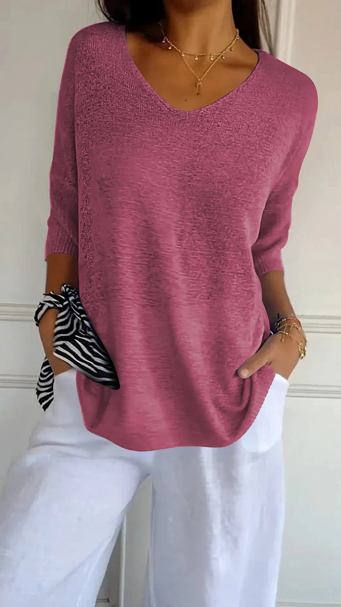 Knitted Top with V-Neck for Women | 3/4 Sleeves