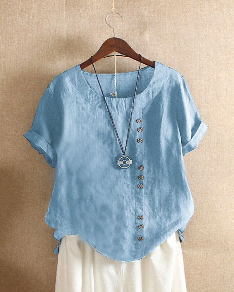 Women's Short Sleeve Blouse with Classic Round Neck